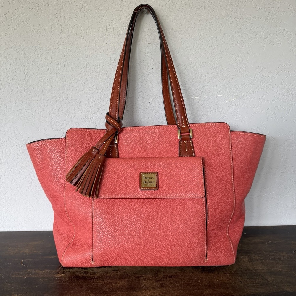Dooney & Bourke Pebble Grain Leather Tote Flap Pocket Tassel Coral Pink